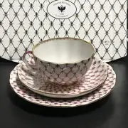 Imperial Porcelain Rose Net Pink Tea Cup & Saucer Plate Trio Set Lomonosov New