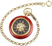 [WOFASHPURET] Hanging Watch Chained Pocket Watch Chain Roman Numeral Design and Wood Grain Case for Men