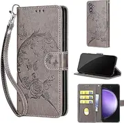 for Samsung Galaxy S23 FE Case 5G, Embossed Premium PU Leather Folio Flip Notebook Wallet Cover Compatible with Samsung S23 FE Phone Case [Magnet Closure][Kickstand][Card Slots],Gray Flower