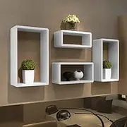 Cuboid Shelf Set of 4 White Floating Shelves with high Gloss Finish, Sturdy MDF Shelves for Kitchen or Bathroom Wall Storage and Rustic Decor