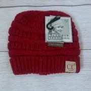 C.C Kids Red Cable Knit Beanie Tail Messy Bun Ponytail Winter Stocking Hat