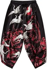[Souchi] Asian Costume Suit Kimono Pants Men Yukata Style Harajuku Cardigan Traditional Japanese Loose Crane Printed Trouser Pants L