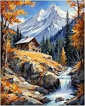 Mountain Retreat Paint by Numbers Kit for Adults - DIY Log Cabin by Waterfall and Autumn Mountains Painting on Canvas 16x20 Inches,Acrylic Paint Set,Suitable for Beginners,Art for Decoration