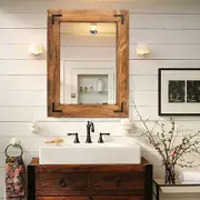 Rustic Wooden Framed Wall Mirror, Natural Wood Bathroom Vanity 32" x 24" Brown