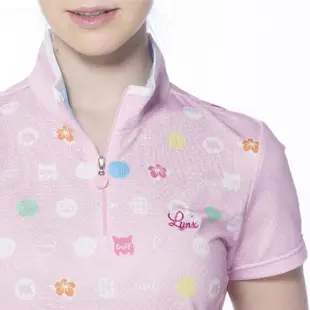 【Lynx Golf】女款吸排涼感山貓小花點點圖樣後領包邊帶設計短袖立領POLO衫/高爾夫球衫(粉紅色)