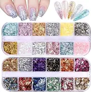 EBANKU 24 Grid Holographic Nail Art Flakes, Foil Glitter Sequins Confetti Gold Silver Irregular Mirror Effect Acrylic Powders Paillette for Nail Decoration