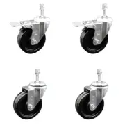 4 Inch SS Phenolic Swivel 3/8 Inch Threaded Stem Caster Set 2 Total Lock Brake