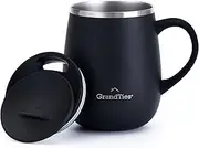 Grandties Insulated Coffee Mug with Handle - Sliding Lid for Splash-Proof 16 oz Wine-Glass Shape Thermal Tumbler with Double Walled Vacuum Stainless Steel to Keeps Beverages Hot or Cold (Black)