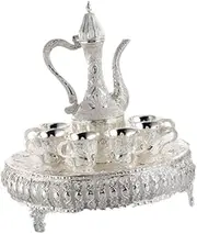 Folpus Teapot Tea Tray Metal Cups Metal Wine Glass Jug Set Decorative Turkish Coffee Tea Pot Set Turkish Coffee Cup for Wedding Room, Argent
