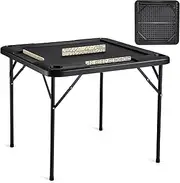 VEVOR Mahjong Table, Square 4 Player Folding Card Table with 4 Cup Holders & 4 Chip Trays, Portable Domino Game Table with 1 Set of Dominoes for Mahjong Poke Puzzles, 90 x 90-inch, Black