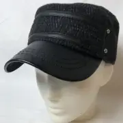 SYL Shiyunlai Unisex Fiddler Cap Adjustable Breton Hat Black Cotton Faux Leather