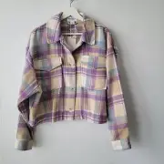 for the republic neutral purple blue Cropped Plaid Flannel Jacket Shacket sz XL