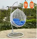 NEW HANGING SWING EGG CHAIR Rattan OUTDOOR WHITE BASKET & BLUE CUSHION POD