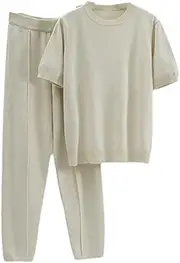 [HEYDHSDC] Women Round Neck Knitted Oversized T Shirt Set Casual Pant Tracksuits Two Piece T-Shirt+ Pant Suits