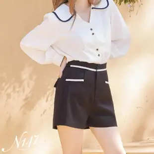 【N147】時尚撞色後鬆緊腰西裝短褲《T215》(韓國女裝/現貨商品)