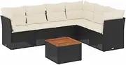 vidaxl Garden Sofa Set with Cushions - Modular 7 Piece Patio Lounge in Black Poly Rattan with Storage, Acacia Tabletop - Outdoor Seating for Garden, Terrace, Deck