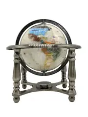 10" Tall Pearl Swirl Ocean Gemstone World map snow Globe with 4 Leg Silver Stand