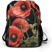LMHLDSC Fitness Drawstring Backpack Waterproof Gym Bag Red Poppy Flowers Leaves Lightweight Dry And Wet Separation Swim Bag