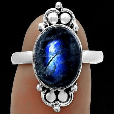 Blue Fire Labradorite - Madagascar 925 Sterling Silver Ring s.8 Jewelry R-1123
