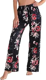 [OULIWANGLUO] Women's Floral Print Plaid Pajama Pants Comfy Casual Drawstring Sleep Pant with Pockets Wide Leg Stretch Trousers