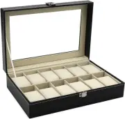 12 Slot Leather Watch Box Display Case Organizer with Framed Glass Lid Elegant C