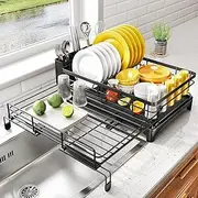 Ssumght Dish Drying Rack with Drainboard,Expandable 2-in-1 Dish Drainer with Swivel Drainage Spout, Rust-Resistant Dish Rack with Cutlery Holder for Kitchen Counter and Sink