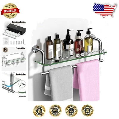 Extra-Thick Tempered Glass Towel Rack & Shelf - Elegant Bathroom Solution, 20"