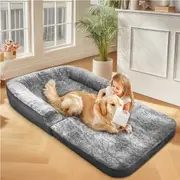FIN Giant Human-Size Dog Bed Foldable Calming Pet Dog Bed with Washable Plush Cover