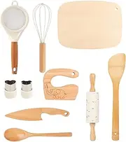 Toddler Kitchen Tools - 10pcs Kids Real Cooking Set, Wooden Cutting Board | Children Kitchen Baking Playhouse Kit, Natural Wood Todlers Montesori Kitchens Tools for Improve Hands-On Ability