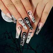 24PCS Halloween Press on Nails Long Skull Spider Web False Nails French Square with Pumpkin Pattern Design Fake Nails Glossy And Full Cover Acrylic Nails for Women and Girls