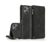 For iPhone 14 Plus Case, Leather Zipper Purse Flip Cover Case with Card Slot Holder Wrist Strap Lanyard (Black)