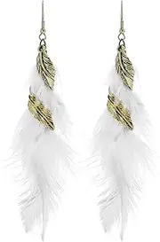 [TIANHONGYAN] Bohemian Handmade Natural Long Feather Dangle Earrings Vintage Boho Multicolor Tassel Feathers Dangle Drop Earrings for Women Girls Jewelry