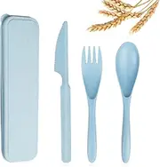 YDYTOP Reusable Travel Utensils Set with Case, Blue Wheat Straw Portable Knife Fork Spoons Tableware, Eco-Friendly BPA Free Cutlery for Kids and Adults as Travel Picnic Camping Utensils