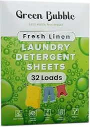Green Bubble Laundry Detergent Sheets - Eco-Friendly 32 loads Fresh Linen Scent Travel Laundry Detergent Sheets | Plastic Free Laundry Strips W/Recyclable Packaging | Washer Sheets Detergent