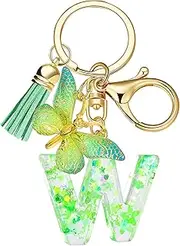 [Fuqimanman2020] Letter A-Z Keychain Green Resin Tassel Alphabet Initial Letter With Butterfly Pendant Accessories