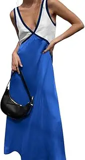 [FGAoTeng] Womens Sleeveless Color Block Maxi Dresses - Summer Deep V Neck Flowy Patchwork Tank Dress Casual Loose Fit Backless Satin Long Dress for Beach Holiday Daily Wear