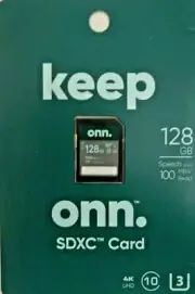 Onn – 128GB SDXC Memory Card, 100MB/s Read / 55MB/s Write, Class 10, U3