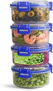 [Sistema] KLIP IT PLUS Round Food Storage Containers, 300 ml Leak-Proof, Stackable & Airtight Fridge/Freezer Containers with Lid, BPA-Free, 4 Count