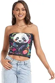 [RPLIFE] Cute Panda Tie Dye Black Crop Tube Top Strapless Top Women, Mesh Tube Tops, Trendy Crop Tops (S)