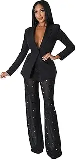 [Zadaos] Women's Suit Sets Long Sleeve Blazer Suit and Mesh Beading Pants Two 2 Piece Set Tracksuit