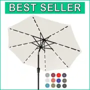 Luxury 9FT Round Solar LED Umbrella with Adjustable Tilt - Light Beige Style