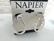 Napier Silver Tone Oval Hoop Earrings Filgree 1.25"