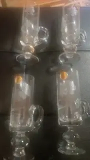 Floral Etched Small Cordial Glass Cups With Handle (Set Of 4)