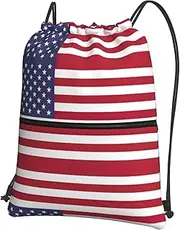 EdWal American Flag Print Drawstring Backpack Gym Bags Sports Bags With Zipper Pocket For Travel Beach, Black, One Size