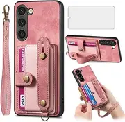 [Asuwish] Phone Case for Samsung Galaxy S23 5G Wallet Cover with Tempered Glass Screen Protector and Lanyard Wrist Strap Slim Stand Card Holder Cell S 23 23S GS23 G5 SM-S911U 6.1 inch Women Men Pink