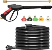 26FT Power Pressure Washer Hose and Gun and Extension Wand Kit for Gas & Electric Pressure Washers, 40 Inch Adjustable Length Washer Gun, M22 Fitting Hose, 5 Nozzle Tips