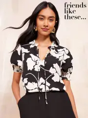 Friends Like These Black White Short Sleeve Woven Tie Neck Blouse (F05111) | $45