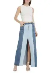 Alice + Olivia Womens Size 24 Rye Two-Tone Denim Front Slit Maxi Skirt NEW