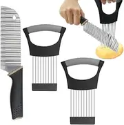 YuCool 3-in-1 Kitchen Pro Set: Crinkle Cutter & Onion Slicer | Stainless Steel Wavy Chip Maker + Meat Tenderizer | Dishwasher Safe & Non-Slip Grip