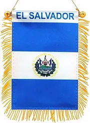 Anley 4 X 6 Inch El Salvador Fringy Window Hanging Flag - Mini Flag Banner & Car Rearview Mirror Décor - Fringed & Double Sided - Salvadoran Hanging Flag with Suction Cup